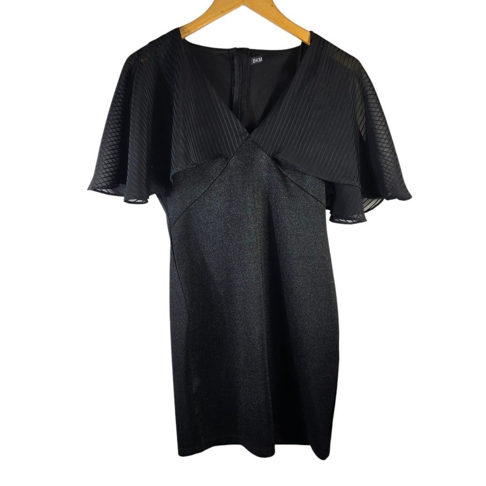 Black Sheath Mini Dress with V-Neck and Flutter Cap Sleeves